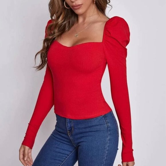 Red Square Neck Leg-of-Mutton Sleeve Top Long Sleeve Women's T-Shirt - Picture 3 of 5